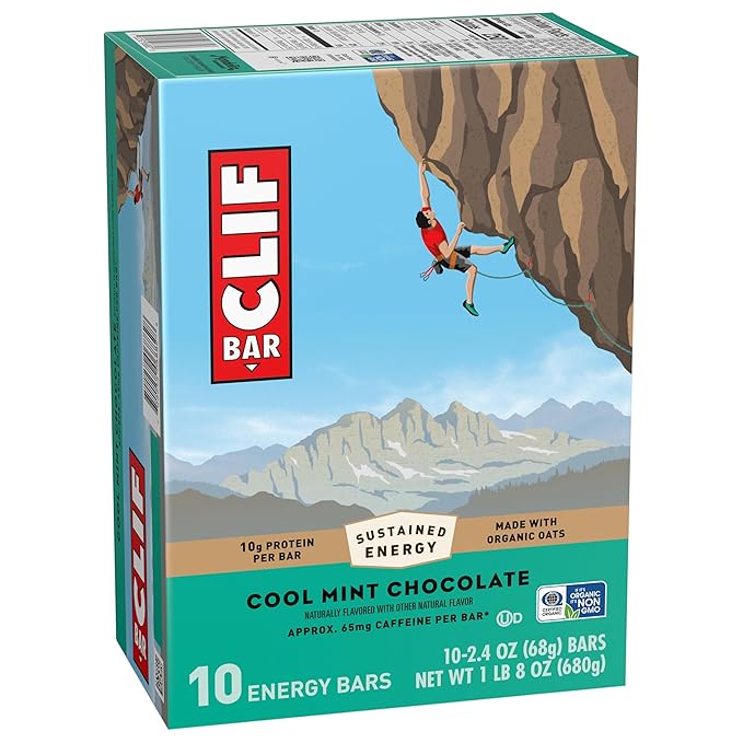 CLIF BAR - Cool Mint Chocolate with Caffeine - Made with Organic Oats - Energy Bars - Non-GMO - Plant Based Protein Bars (10 Pack)