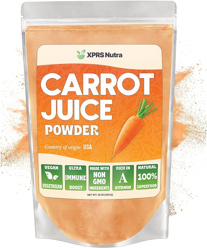 XPRS Nutra 100% Natural Carrot Juice Powder - Pure Carrot Powder from The USA - Ideal for Juice and Smoothie - High in Vitamin A, Phytonutrients and Antioxidants - Non-GMO (16 oz)