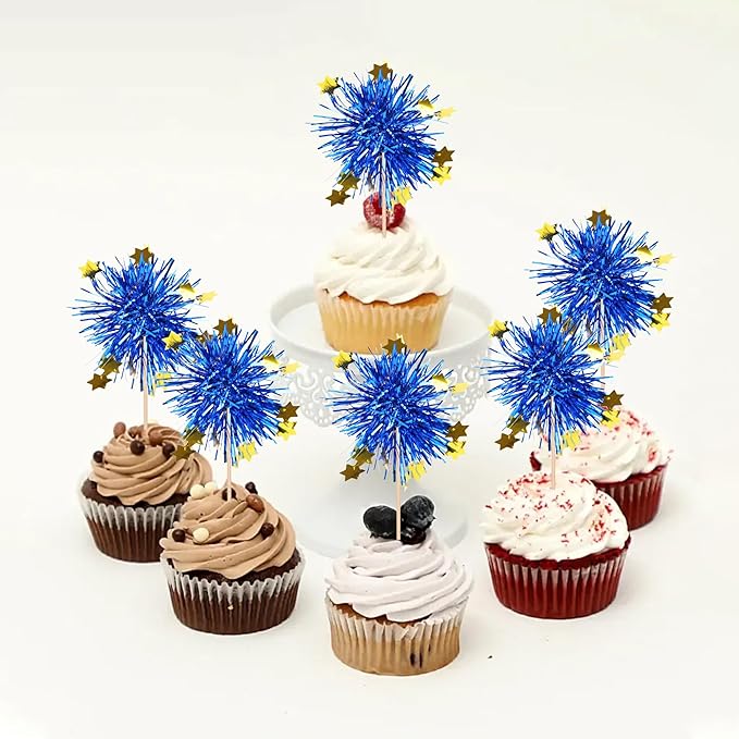 Rsstarxi 30 Pack Foil Firework Cupcake Toppers Sparkle Tinsel Drink Cake Decorations Cocktail Food Toothpicks for Happy Valentine's Day Birthday Wedding Graduation Party Decorations Blue