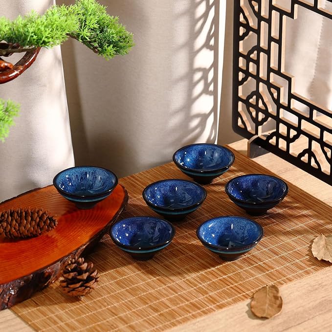 Skyley 6 Pieces Korean Soju Shot Glasses Sets Porcelain Cups Korean Ceramic Cups Tea Accessories Drinkware, Handcrafted Ceramic(Blue,Starry Sky Pattern)