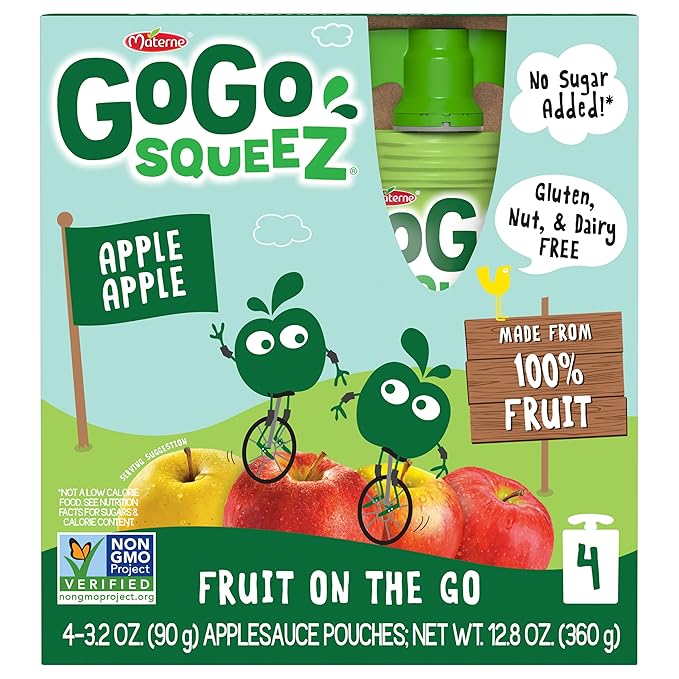 GoGo squeeZ Applesauce and Fruit Puree, Apple Apple, 3.2 oz (Pack of 48), Unsweetened Fruit Snacks for Kids, Gluten Free, Nut Free and Dairy Free, Recloseable Cap, BPA Free Pouches