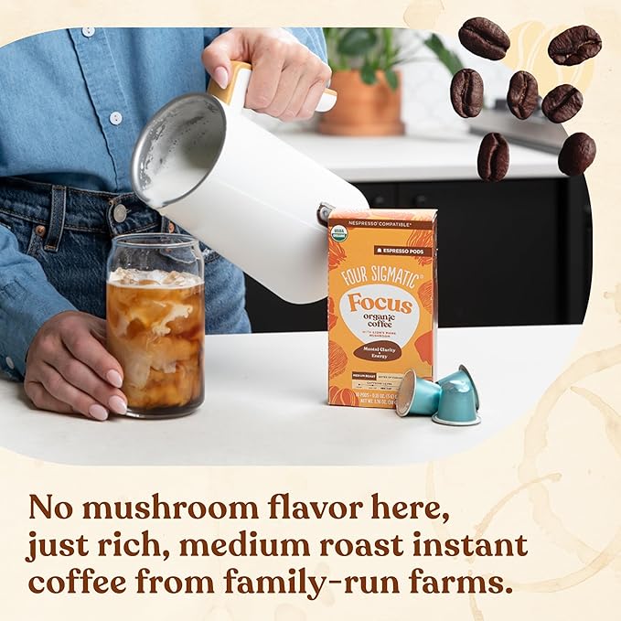 Four Sigmatic Focus Coffee Pods Compatible with Nespresso Original | Organic Medium Roast Espresso with Added Focus | Mushroom Coffee Enhanced with Lion's Mane | Medium Roast 10ct