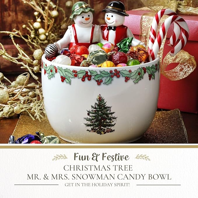 Spode Christmas Tree 9-Inch Candy Bowl - Mr. & Mrs. Snowman Decorative Earthenware Bowl for Serving Candy, Nuts, Holiday Treats - Festive Tableware & Charming Holiday Decor - Dishwasher Safe