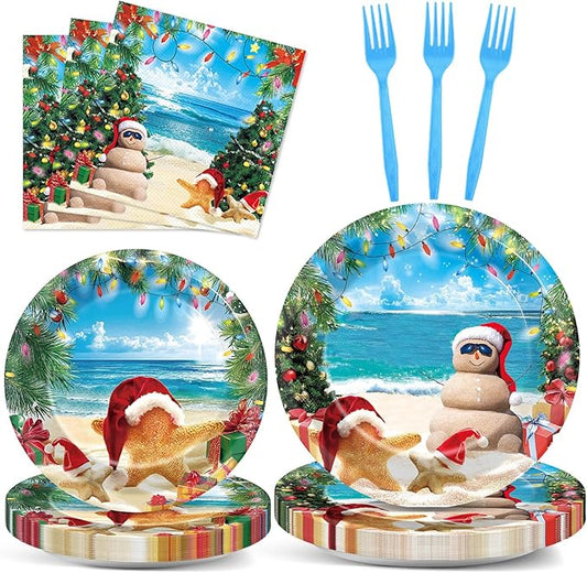 96 Pcs Summer July Christmas Plates and Napkins Xmas in July Party Decorations Disposable Dessert Plates Hawaiian Beach Tableware Set for 24 Guests Tropical Birthday Party Supplies