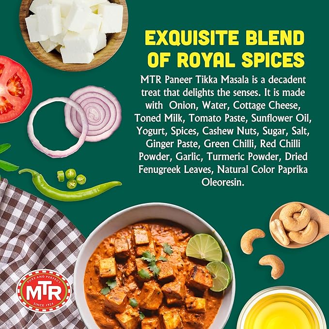 MTR - Minute Meals: Paneer Tikka Masala - Cottage Cheese with Spicy Onion Gravy - Tasty Indian Meal with No Added Preservatives - A Quick Meal Suitable for Vegetarians, Ready in Minutes! (Pack of 6)