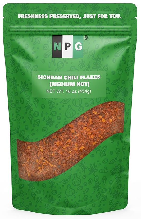 NPG Authentic Sichuan Chili Flakes 16 Ounces, Medium Hot, Szechuan Crushed Red Pepper Flakes Bulk, Essential Spice Seasoning for Making Kimchi, Chili Oil, Stir-fry, Pizza, Salads, and Tacos