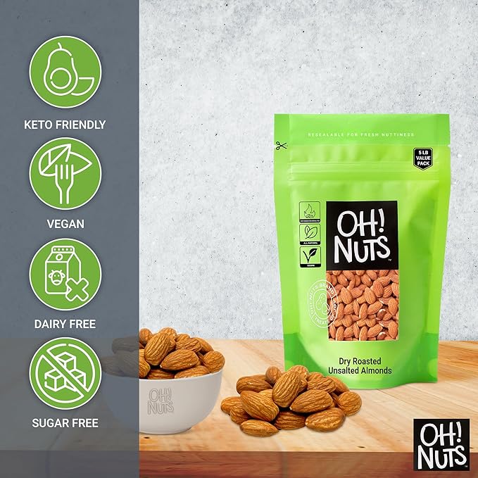 Oh! Nuts Almonds - Dry Roasted Unsalted Almonds - 5 lb - No Salt, No Oil All-Natural Protein - Packed in New York Zip-Seal Bag for Exceptional Freshness