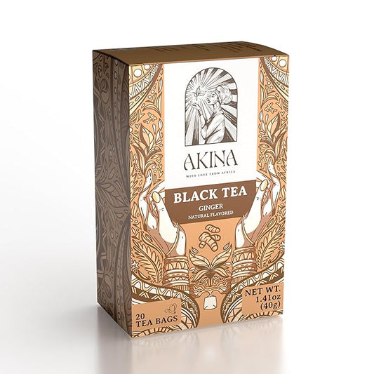 Akina Single-Origin Ginger Tea Bags | 100% Naturally Flavored Black Tea, Kenyan Origin, Gourmet, Hot Beverage (20 Envelope Bags, 40g)