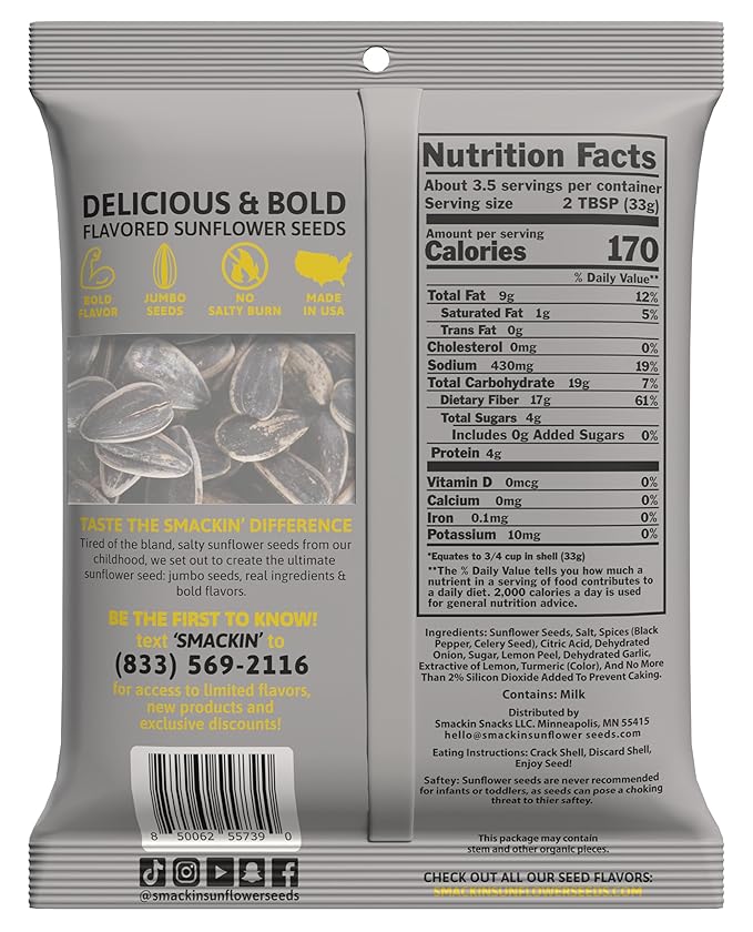 SMACKIN' - Jumbo Roasted Sunflower Seeds, No Salty Burn, American Made, Easy Pour & Seal - Lemon Pepper, 4oz bag (12 Bags)