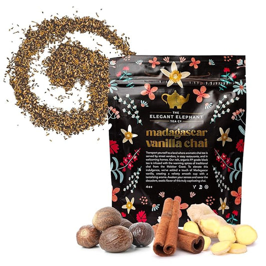 Madagascar Vanilla Chai Tea, Organic Loose Leaf Chai Tea ??Black Tea with Chai Spice Blend ??Great Hot or Iced Chai Latte ??4 oz Resealable Bag (Makes 50 Cups) ??The Elegant Elephant