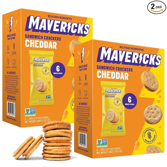Mavericks Sandwich Crackers Cheddar - Cheese Filled Whole Grain Sandwich Cracker Snack Packs, Non-GMO - 2 Boxes (12 Snack Packs)