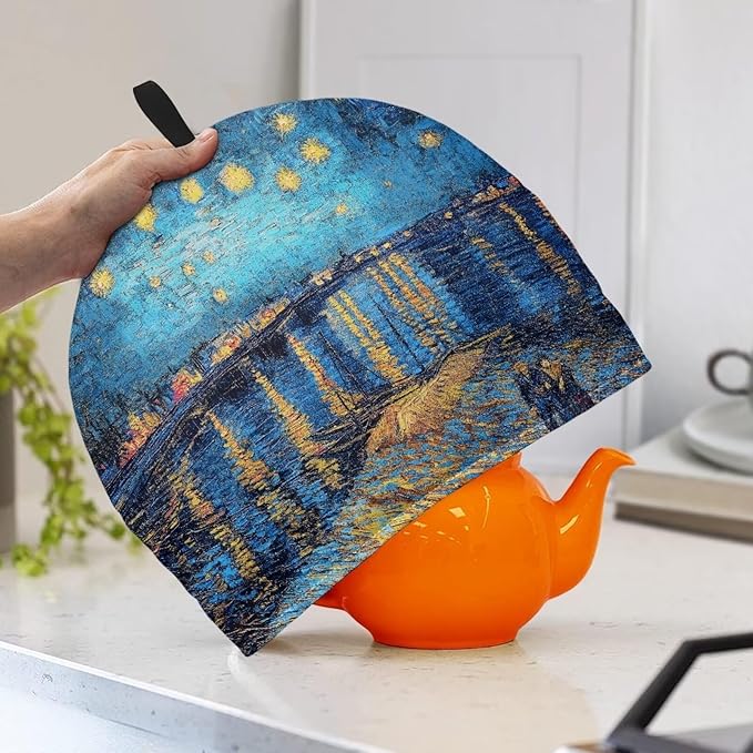Night Oil Paint Tea Cozy for Teapot Kitchen Kettle Dust Cover Teapot Cover with Handle Dust Cover Teapot Cozy Tea Cosy for Keeping Warm Can Hung and Folded 竊뉰lue竊?"<div>