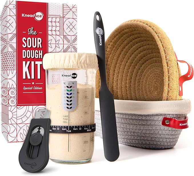 Sourdough Starter Kit ??24oz Starter Jar, 2 Cotton Rope Banneton Proofing Baskets, Magnetic Bread Lame for Scoring ??Gift for Bakers & Complete Sourdough Bread Baking Set