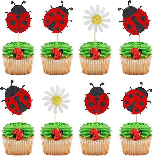 24Pcs Ladybug Cupcake Toppers Flowers Insects Cupcake Picks Garden Theme Baby Shower Kids Birthday Party Cake Decorations Supplies