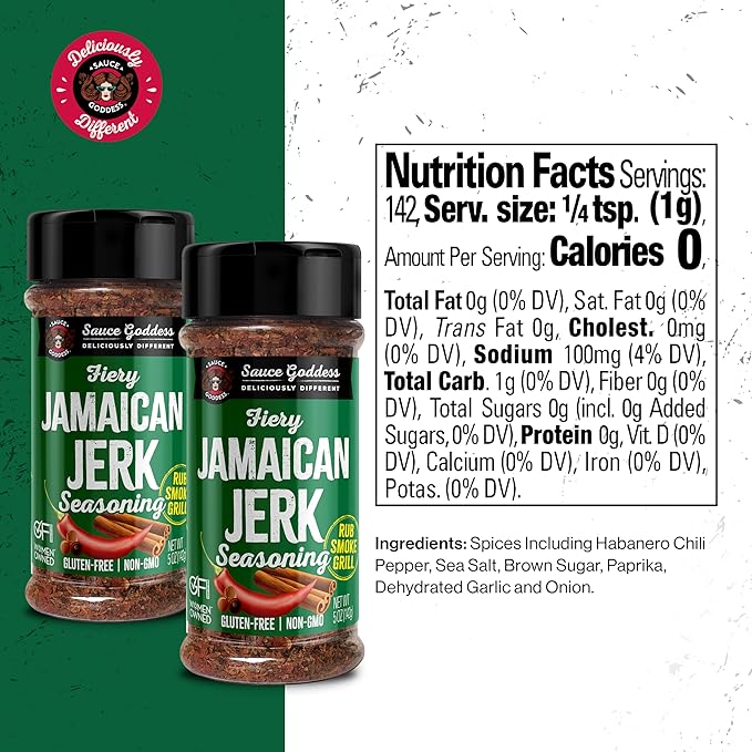 Sauce Goddess Fiery Jamaican Jerk Spice Shaker (2-Pack) - Seasonings and Spices for Cooking with Caribbean Flavors! For Chicken, Pork, Seafood & More - Low Sugar, Low Sodium, Fat-Free, Vegan Friendly