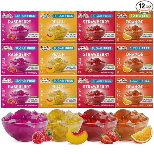 Simply Desserts Sugar-Free Jel Variety 12-Pack (Raspberry, Peach, Orange, Strawberry) ??Vegan Dessert, Keto Snacks, Diabetic Friendly & Kosher, 1.7 Oz Ea