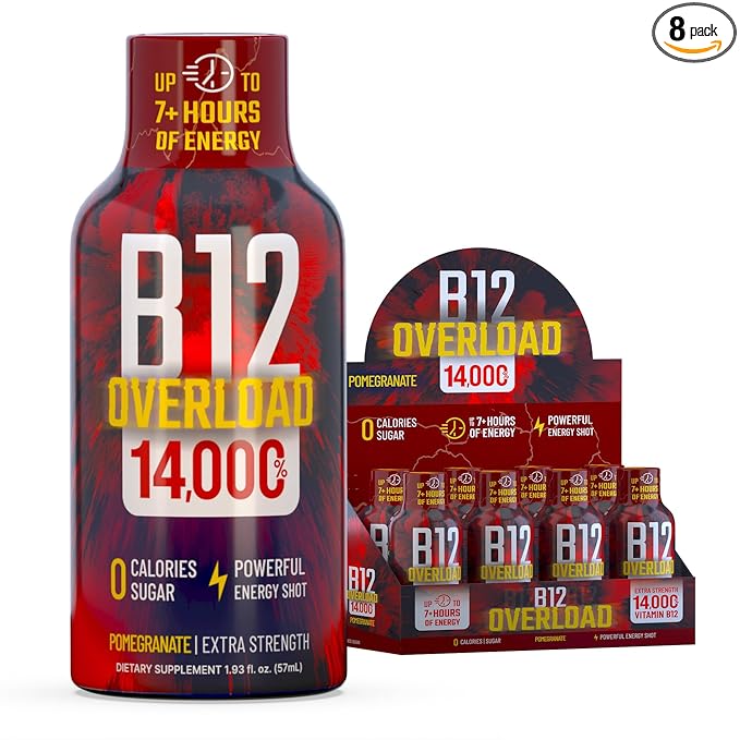B12 Overload Extra Strength Energy Shot ??Pomegranate ??260mg Caffeine, 14000% B12, Electrolytes ??Energy & Vitality Support ??Zero Sugar No Calories ??Vegan, Kosher, Gluten-Free ??1.93 fl oz, 8-Pack