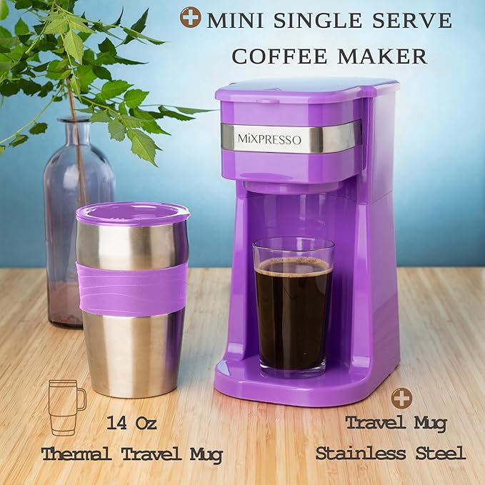 Mixpresso Purple Personal Single Serve Coffee Maker with 14oz Travel Mug, Drip Small Coffee Maker with Auto Shut Off, Reusable Filter, Works with Ground Coffee Only ??Not for K-Cup Pods