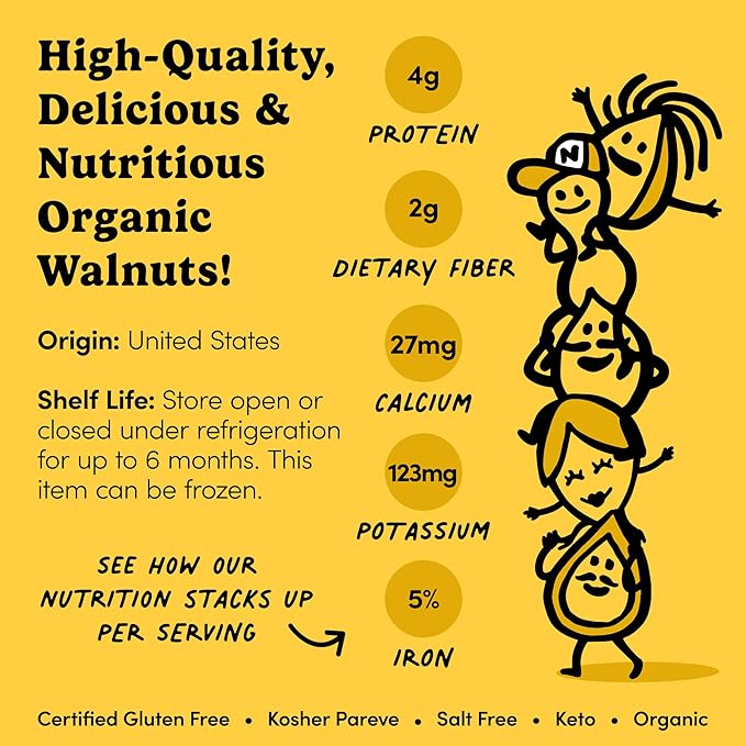 Nuts.com ??Organic Walnuts (Raw, No Shell) ??Healthy Snack for Adults & Kids, Nutty & Slightly Sweet Flavor, Good Source of Protein & Fiber ??Vegan, Raw, Gluten-Free & Kosher Pareve ??2 Pound Bag