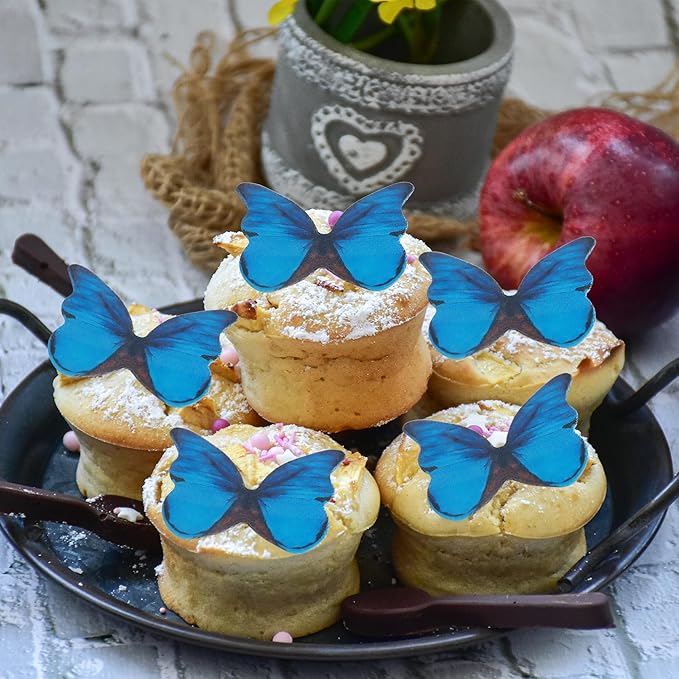 48Pcs Edible Wafer Paper Butterfly Cupcake Toppers 3D Cake Realistic Butterfly Dessert Decoration for Birthday Party Wedding Food Decorations - Bule