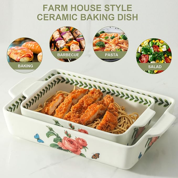 Ceramic Baking Casserole Dish with Handles, Large 8x13 inch & 6x10 inch Pan and Middle Baking Pan - Porcelain Serving Bakeware Set (Pink rose)