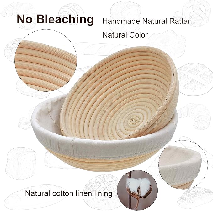 Banneton Bread Proofing Basket set of 2, 9 Inch Round Sourdough Proofing Baskets with Liner,Dough Proofing Bowls,Made of Natural rattan,for Sourdough Bread Baking Supplies