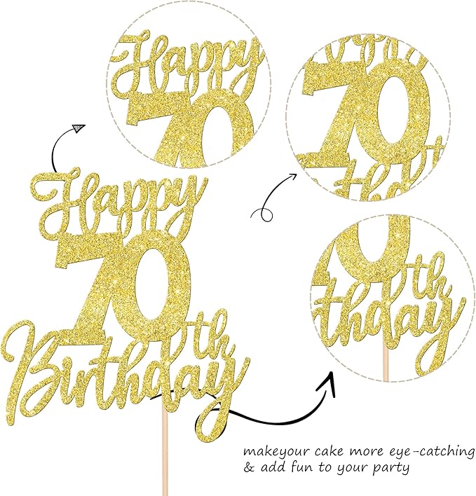1 PCS Happy 70th Birthday Cake Topper Glitter Cheers to 70 Years Birthday Cake Pick Seventy Hello 70 Fabulous Cake Decoration for Happy 70th Birthday Anniversary Party Decorations Supplies Gold