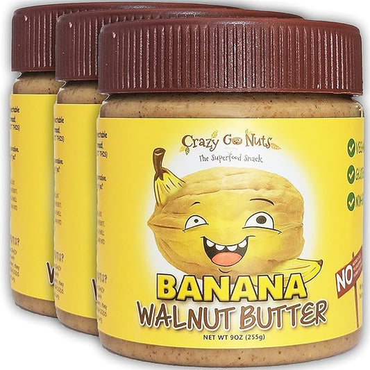 Crazy Go Nuts Walnut Butter Banana - Walnut Spread, Keto, Vegan, Low Carb, Gluten Free, Superfood-Natural, Non-GMO, ALA, Omega 3 Fatty Acids, Good Fats and Antioxidants - 9 Oz, 3-Pack