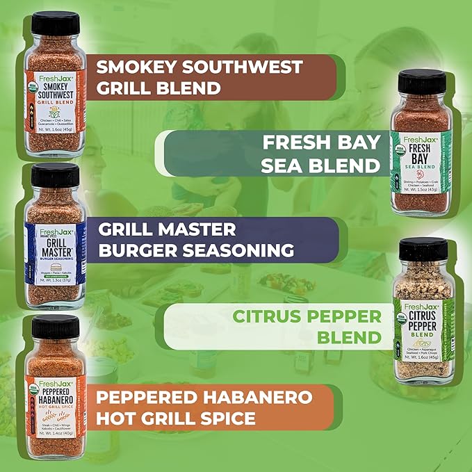 FreshJax Grill Seasoning Gift Set | 5 Sampler Sized Organic Grilling Spices | Grilling Christmas Gifts for Men | BBQ Grill Spices and Seasoning Sets Packed in a Giftable Box