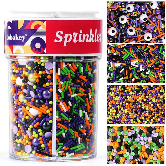 Halloween Sprinkles 4 Cell Edible Candy Eyeball Mix Orange Black Purple Green Sprinkle Jimmies Nonpareils Perfect for Cake Decorations Baking Ice Cream Cookies Cupcake Topper 6.5OZ