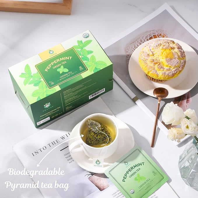 TEAFAY Organic Peppermint Green Tea ??20 Count (40 Cups), 100% Natural, Handpicked, Whole Leaf Pyramid Tea Bags, Individually Wrapped, Refreshing Minty Aroma, Caffeinated, Eco-Friendly