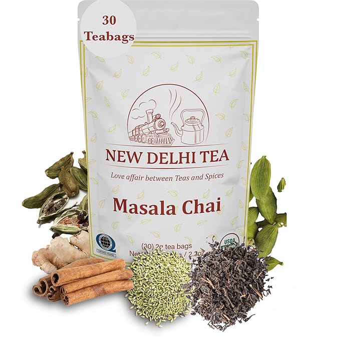 New Delhi Tea’s Premium Masala Chai Tea Bags | Organic Black Tea | Masala Chai Tea With Ginger, Cardamom, and Cinnamon | USDA Organic | 30 Teabags (2.2 Oz)