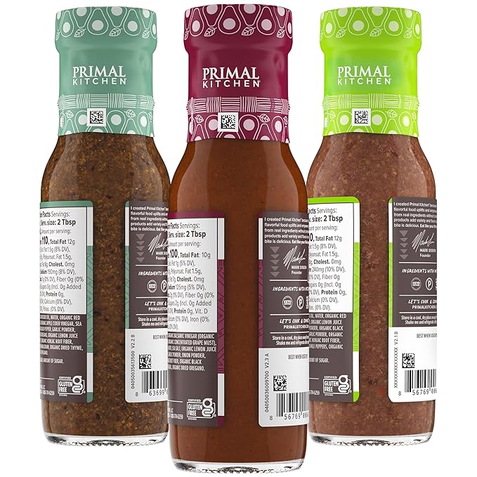 Primal Kitchen Italian Dressing, Balsamic Vinaigrette, and Greek Dressing & Marinade, Made with Avocado Oil, 8 Fluid Ounces, Variety Pack of 3