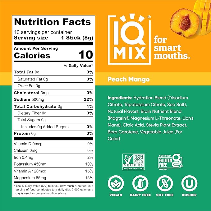 IQMIX Hydration Electrolyte Powder ??4-in-1 Formula for Hydration, Mental Clarity, Mood and Recovery ??Sugar-Free Drink Mix, Keto, Magnesium L-Threonate, Lion?™s Mane ??40 Count Peach Mango