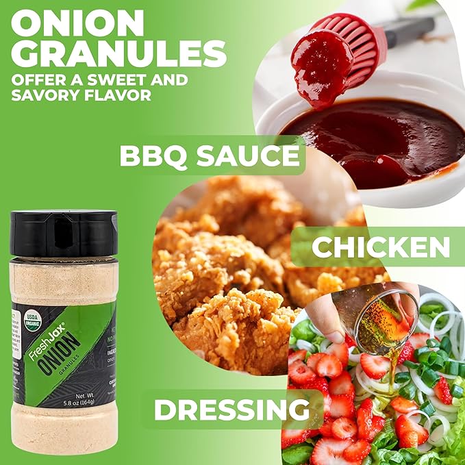 FreshJax Organic Onion Granules (5.8 oz Large Bottle) Certified Organic, Non GMO, Gluten Free, Keto, Paleo, No Preservatives Granulated Onion | Handcrafted in Jacksonville, Florida