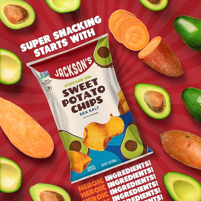 Jackson???Sweet Potato Kettle Chips with Sea Salt made with Premium Avocado Oil (7 Ounce, Pack of 6) - Allergen-friendly, Gluten Free, Peanut Free, Vegan, Paleo Friendly - Shark Tank Product