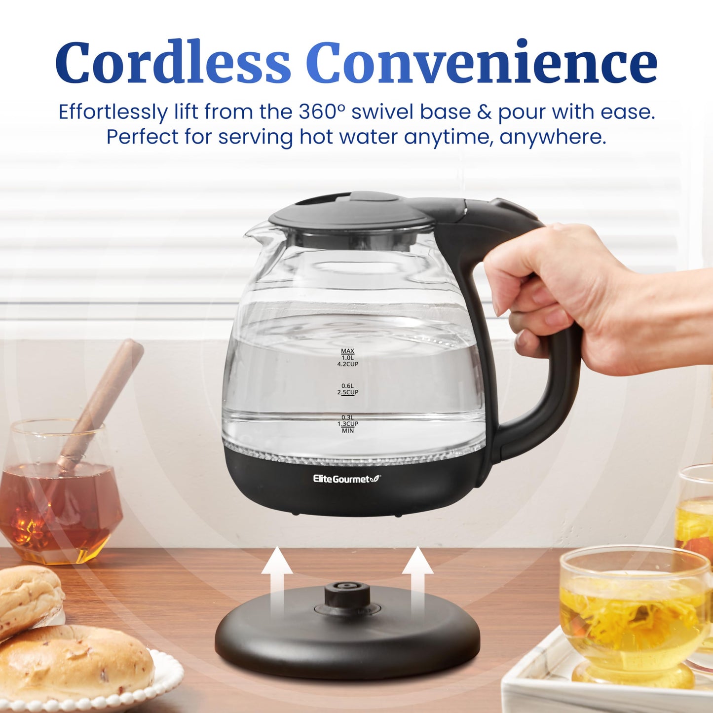 Elite Gourmet EKT1001 1.0L Glass Kettle, 1100W, Cordless Base, Black