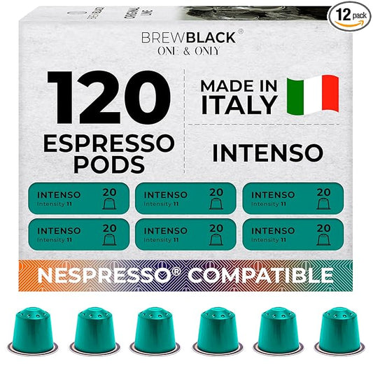 BrewBlack Intenso Coffee Capsules - 120 Aluminum Coffee Pods Compatible with Nespresso Original line, Dark Roast - Intensity 11/12, Made in Italy