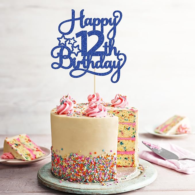 1 Pack Happy 12th Birthday Cake Topper Glitter Heart Star 12 Fabulous Cake Pick Birthday Sign Cake Decorations for Children 12th Birthday Theme Party Supplies Blue