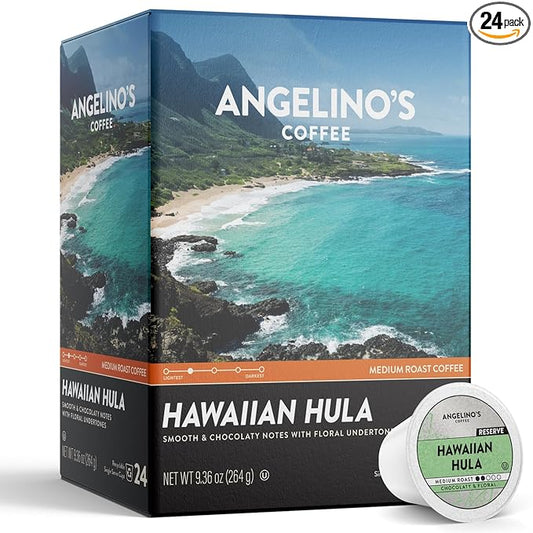 Angelino's Coffee Hawaiian Hula Coffee Pods - Hawaiian Blend, Medium Roast Coffee K Cups compatible, Reserve, Chocolaty Notes with Floral Undertones, 24 Count - Premium Hawaiian Blend Coffee for Keurig Machines