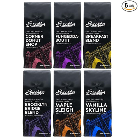 Brooklyn Beans Bagged Ground Coffee Variety Pack - Light, Medium, Dark Roast and Flavored (12 Ounce Bag, Pack of 6)