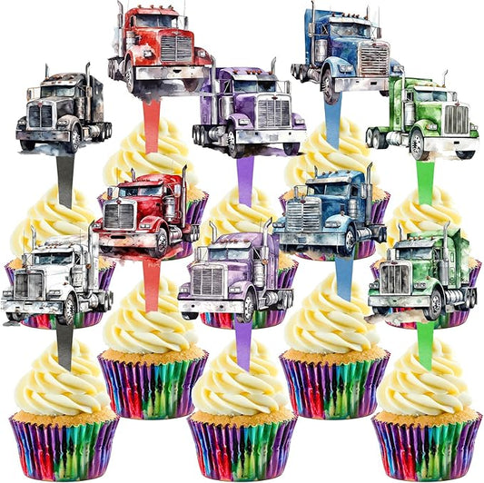 40 Semi Truck Party Decorations - Cupcake Toppers for Semi Truck Birthday, Trucking Baby Shower and Cake Decor