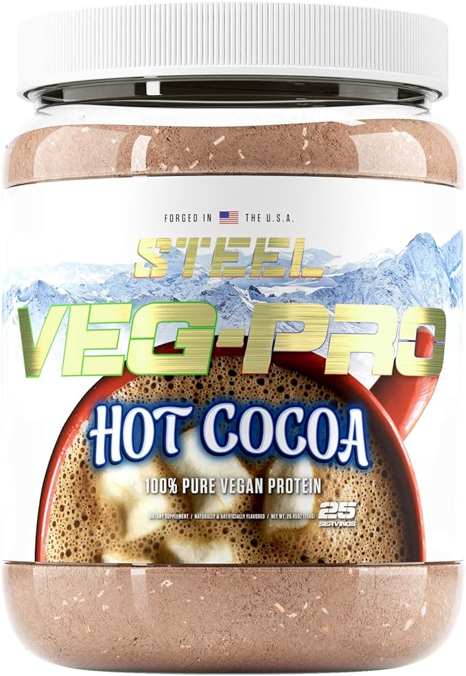 Steel Supplements Veg-PRO | Vegan Protein Powder, Hot Cocoa | 25 Servings (1.65lbs) | Organic Protein Powder with BCAA Amino Acid | Gluten Free | Non Dairy | Low Carb Formula