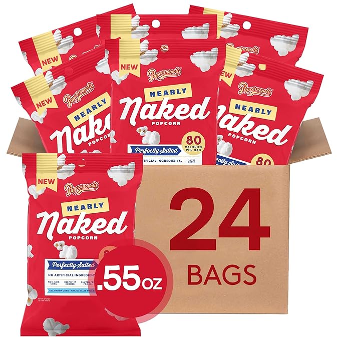 Popcornopolis Perfectly Salted Nearly Naked 24 ct, 0.55 oz Case, Salt Flavored Better-For-You Popcorn