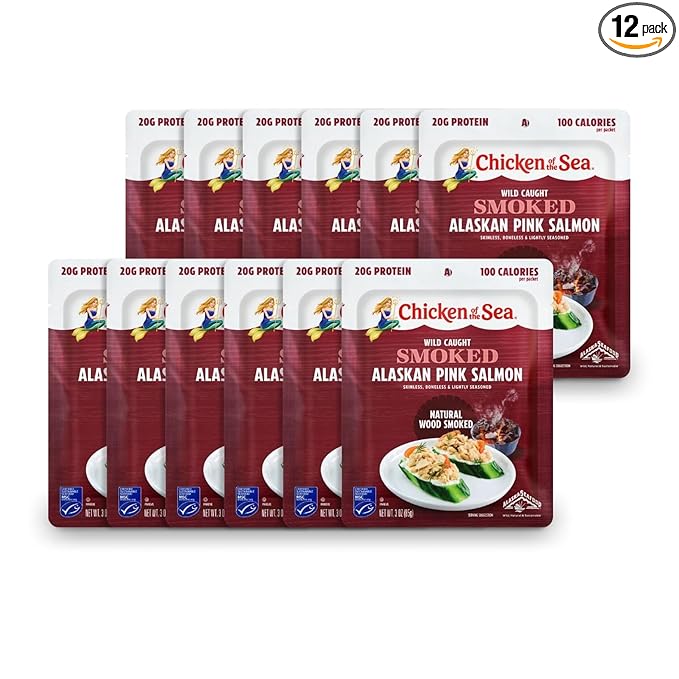 Chicken of the Sea Smoked Alaskan Pink Salmon, 3 Ounce Packets (Pack of 12), Wild Caught Salmon, Natural Wood Smoke