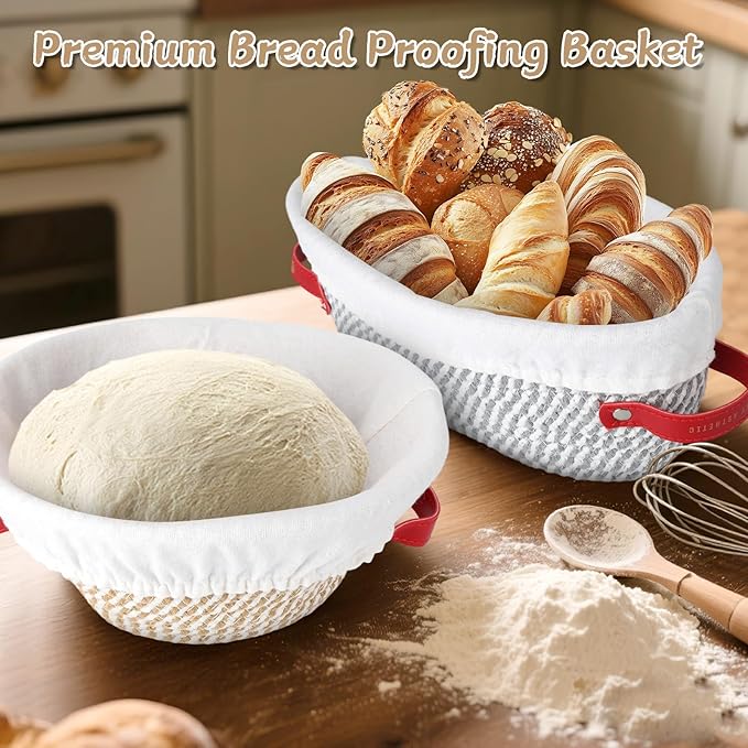 2 Pcs Banneton Bread Proofing Basket, 9 10 Inches Round & Oval Sourdough Bread Baking Supplies Cotton Rope Proofing Bowls with Liners, Sourdough Proofing Basket Gifts for Bakers