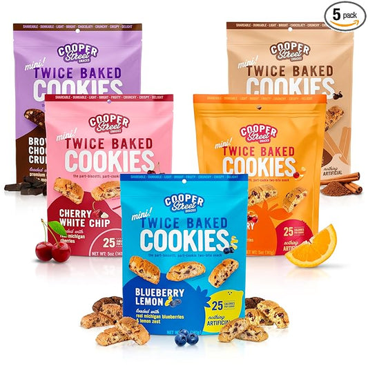 Cooper Street Twice Baked Biscotti Cookies Variety Pack - 5 Pack (5oz Each) - Light and Crispy Coffee Cookies 5 Flavors Assortment - Low-Calorie Snacks for Adults & Kids - Dairy & Peanut Free, Kosher