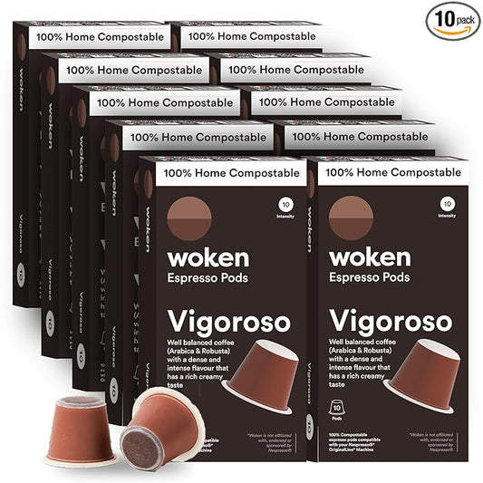 WOKEN COFFEE Compostable Nespresso Pods - Vigoroso Dark Roast Italian Espresso Coffee Capsules Compatible With Nespresso Coffee Machine (100 Pod Count, 10 Boxes)