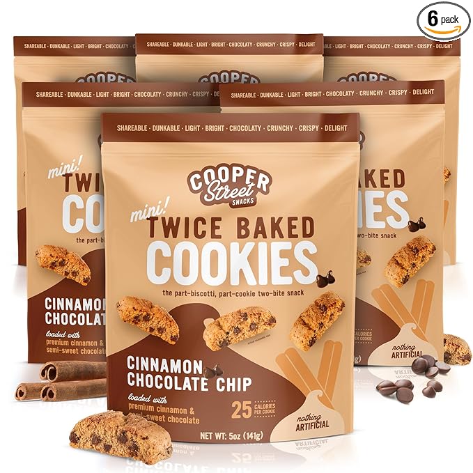 COOPER STREET Twice Baked Cinnamon Chocolate Biscotti Cookies - Crispy Mini Biscotti Cookies Ideal with Coffee - Traditional Low Calorie Italian Snacks - Kosher, Dairy, Peanut & Soy Free (6 Pack)