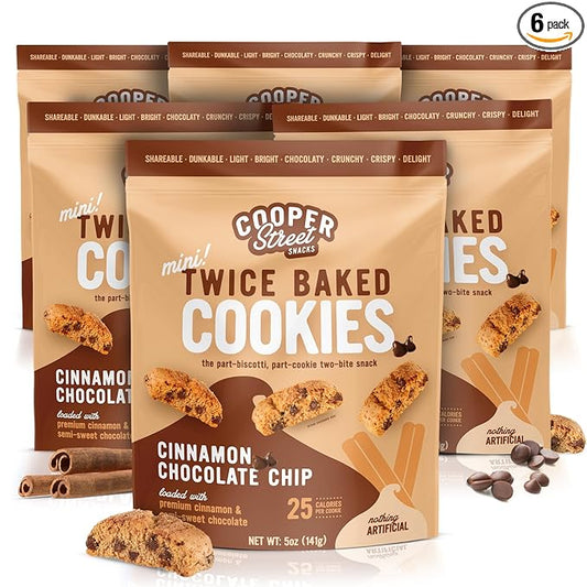 COOPER STREET Twice Baked Cinnamon Chocolate Biscotti Cookies - Crispy Mini Biscotti Cookies Ideal with Coffee - Traditional Low Calorie Italian Snacks - Kosher, Dairy, Peanut & Soy Free (6 Pack)